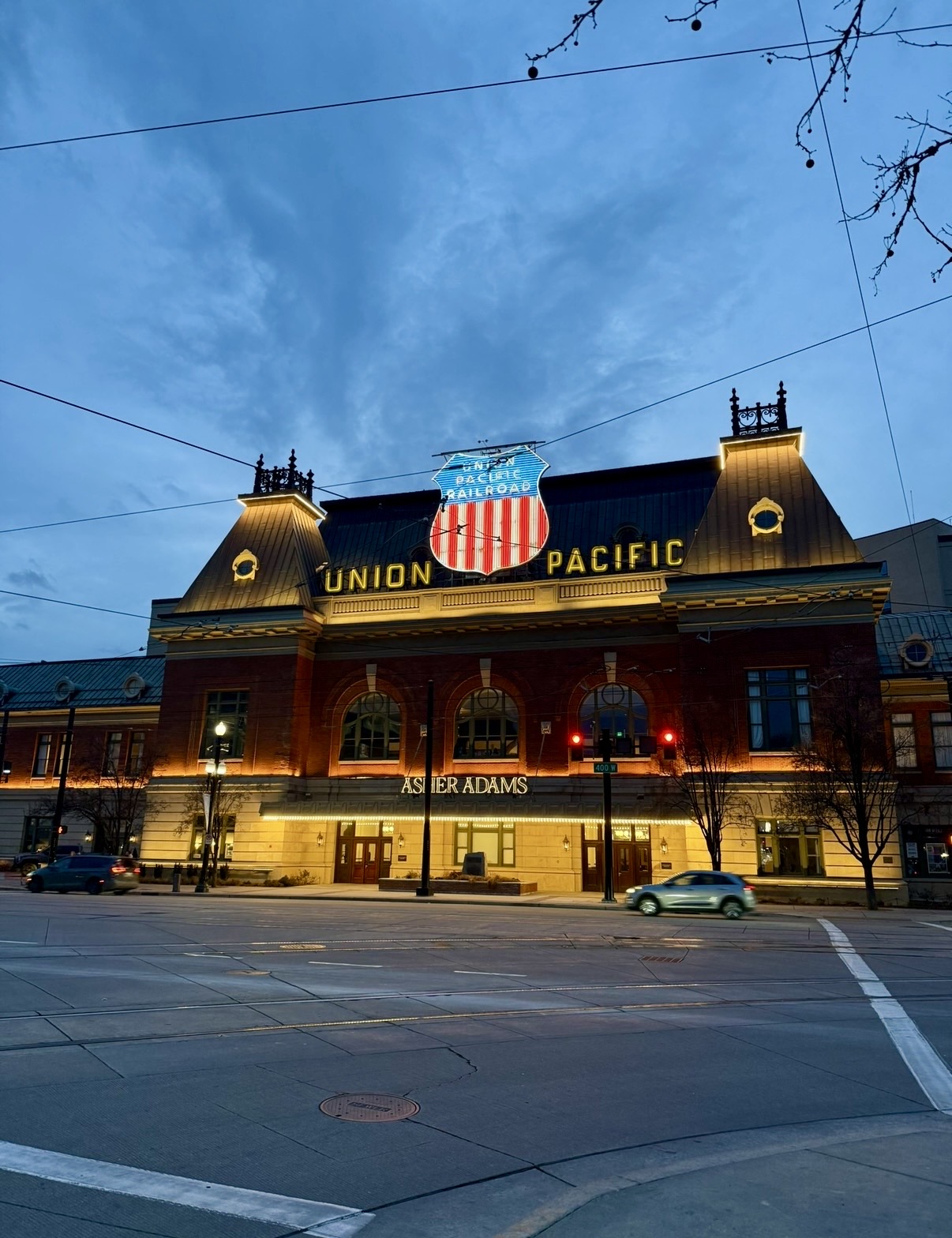 Union Pacific Depot lit up at dusk in Salt Lake City