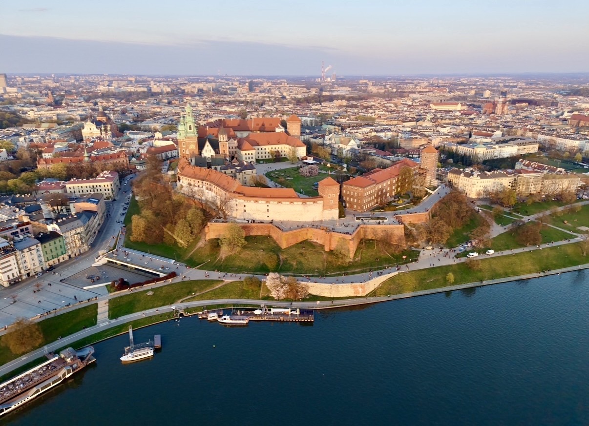 Aerial view of Wawel Castle and the Vistula River in Kraków
