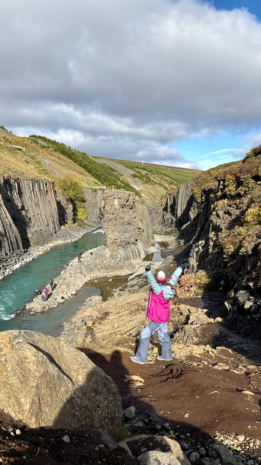 Flying my drone over a deep, turquoise river canyon in Iceland