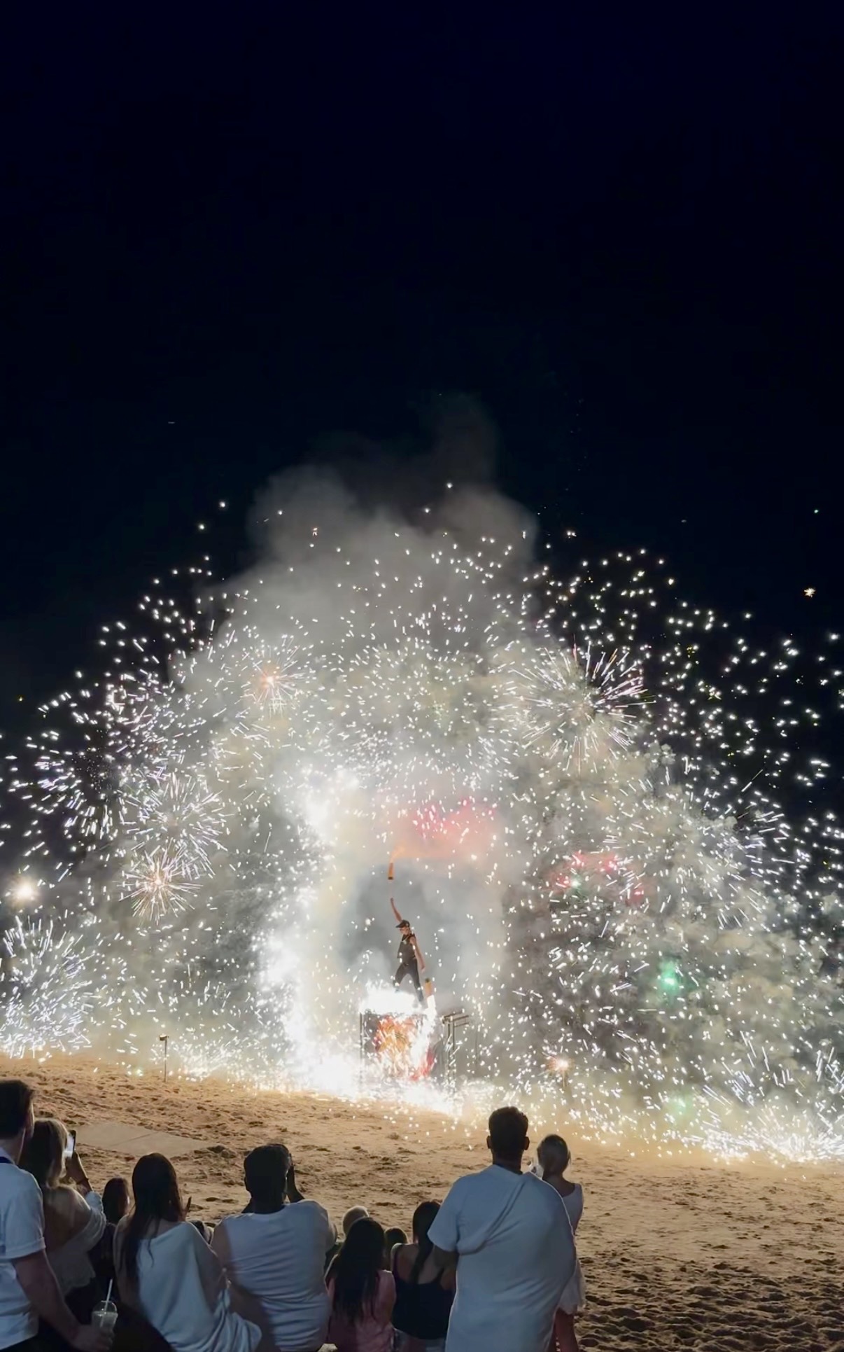 Fire and pyrotechnic show on the beach at night in Ao Nang