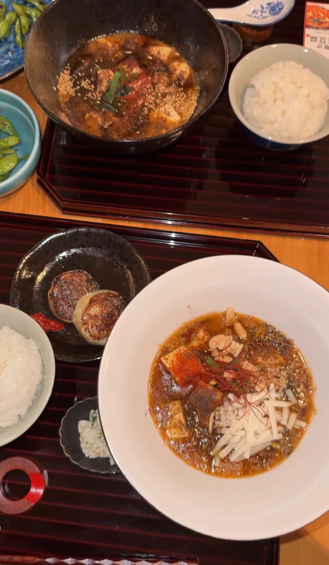 Spicy tofu set meal with rice and gyoza at TSUMUGI NAMPO Tofu in Tokyo