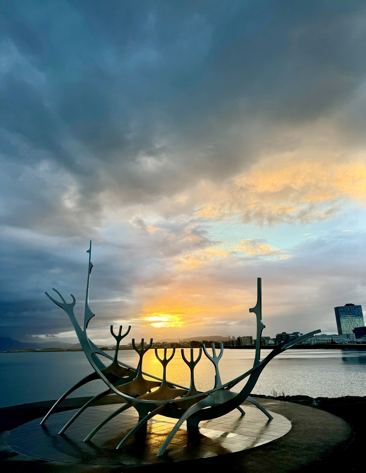 The Sun Voyager sculpture at sunset in Reykjavík