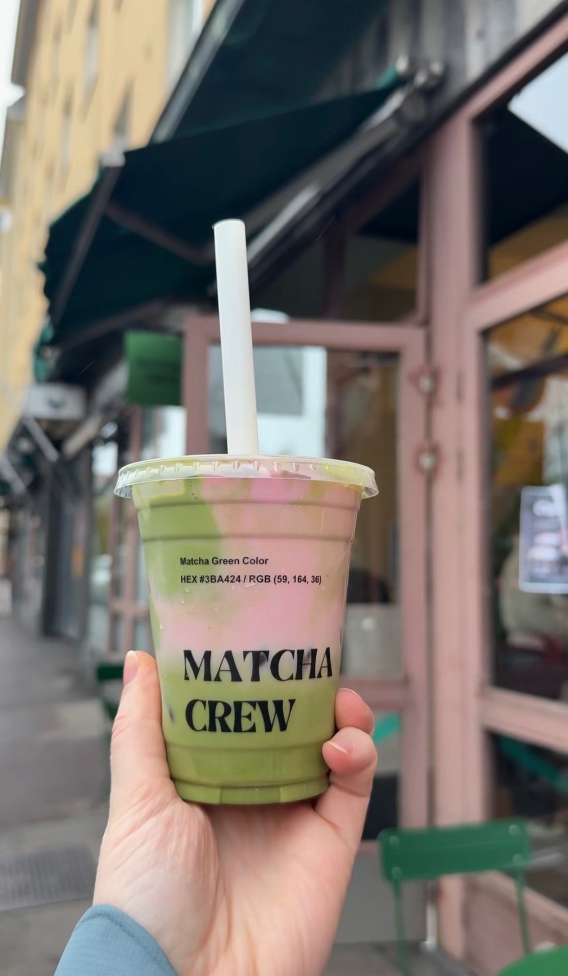 Strawberry cloud matcha drink with matcha ice cream at Matcha Crew in Helsinki